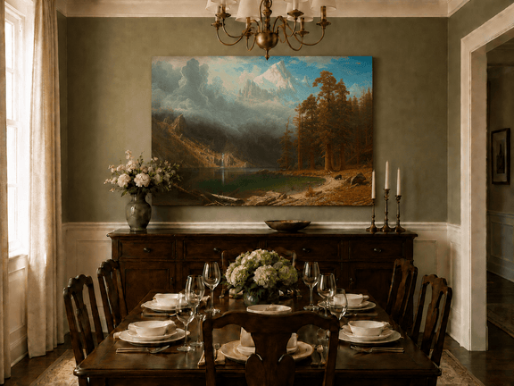 Unframed hand-painted mountain lake oil painting with redwood trees and a bear displayed above a formal dining table.