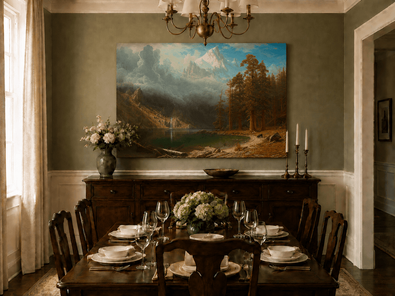 Unframed hand-painted mountain lake oil painting with redwood trees and a bear displayed above a formal dining table.