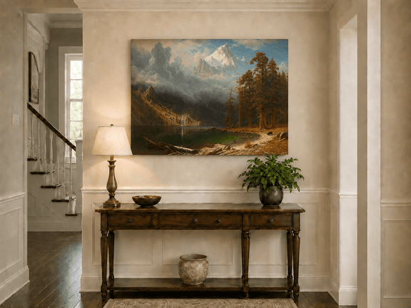 Unframed hand-painted mountain lake oil painting with redwood trees and a bear displayed above an entryway console table.