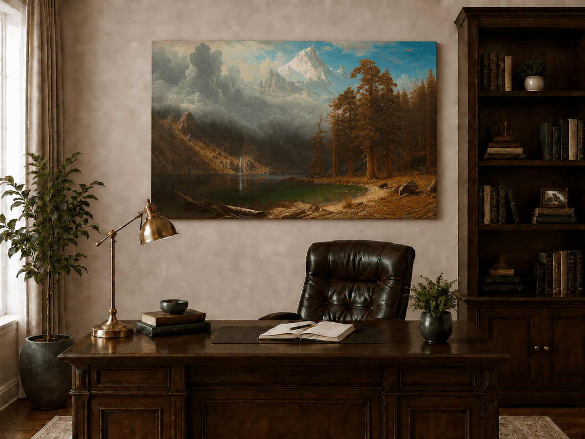 Unframed hand-painted mountain lake oil painting with redwood trees and a bear displayed above a traditional home office desk.