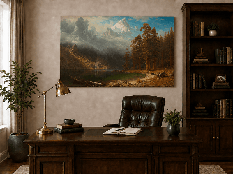Unframed hand-painted mountain lake oil painting with redwood trees and a bear displayed above a traditional home office desk.