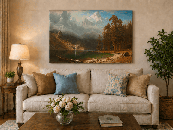 Unframed hand-painted mountain lake oil painting with redwood trees and a bear displayed above a neutral living room sofa.