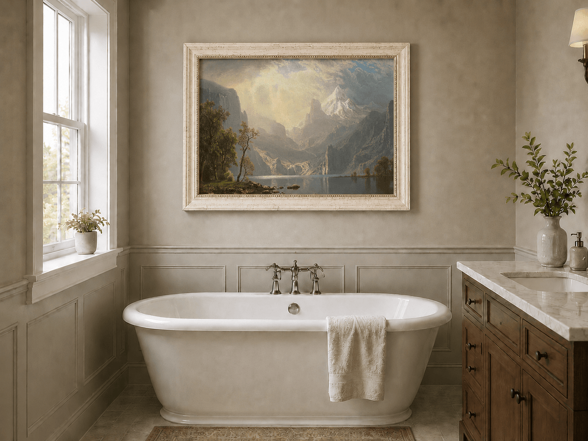 Framed hand-painted mountain lake oil painting with misty peaks in soft light displayed above a freestanding bathtub.