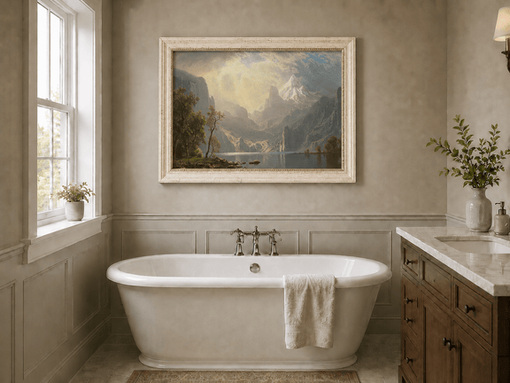 Framed hand-painted mountain lake oil painting with misty peaks in soft light displayed above a freestanding bathtub.