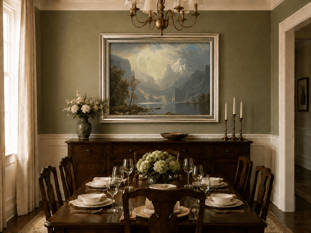 Framed hand-painted mountain lake oil painting with misty peaks in soft light displayed above a formal dining table.
