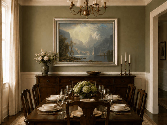 Framed hand-painted mountain lake oil painting with misty peaks in soft light displayed above a formal dining table.