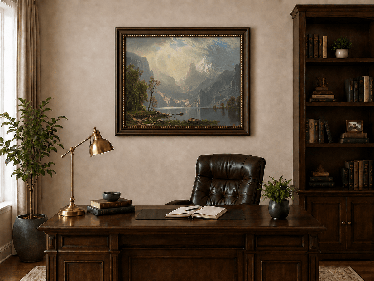 Framed hand-painted mountain lake oil painting with misty peaks in soft light displayed above a traditional home office desk.