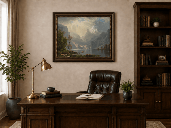 Framed hand-painted mountain lake oil painting with misty peaks in soft light displayed above a traditional home office desk.