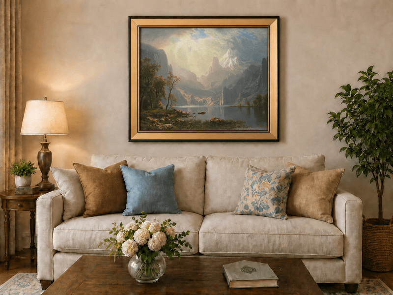 Framed hand-painted mountain lake oil painting with misty peaks in soft light displayed above a neutral living room sofa.