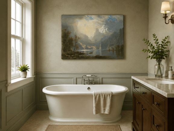 Unframed hand-painted mountain lake oil painting with misty peaks in soft light displayed above a freestanding bathtub.