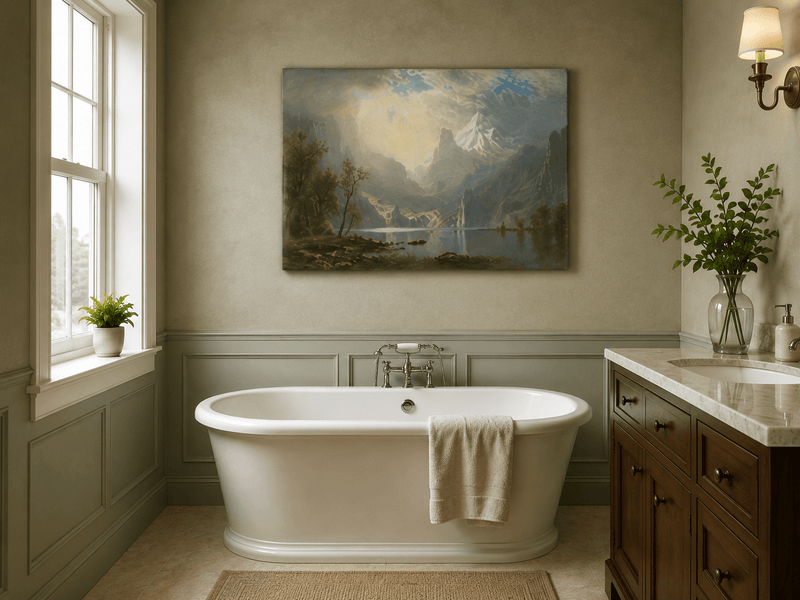 Unframed hand-painted mountain lake oil painting with misty peaks in soft light displayed above a freestanding bathtub.