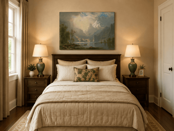 Unframed hand-painted mountain lake oil painting with misty peaks in soft light displayed above a wooden bed in a neutral bedroom.