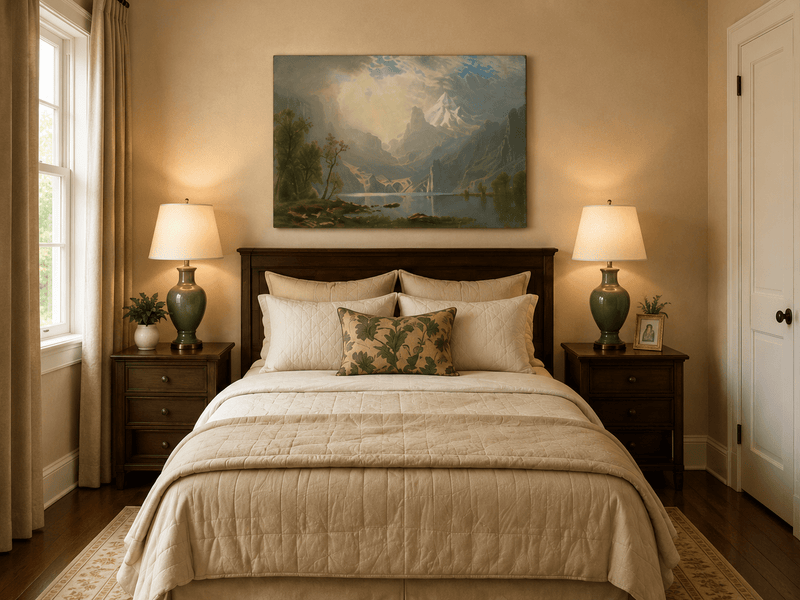 Unframed hand-painted mountain lake oil painting with misty peaks in soft light displayed above a wooden bed in a neutral bedroom.