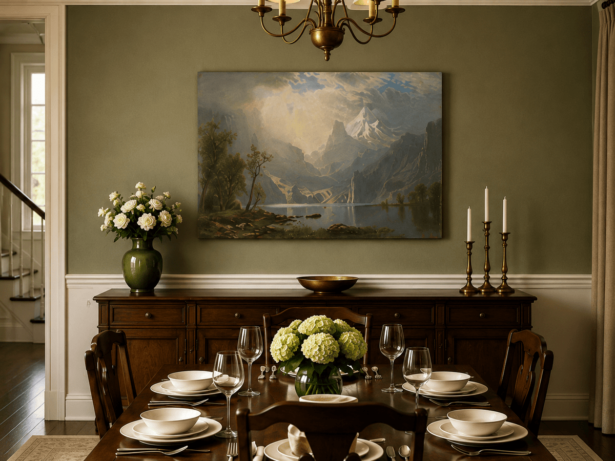 Unframed hand-painted mountain lake oil painting with misty peaks in soft light displayed above a formal dining table.