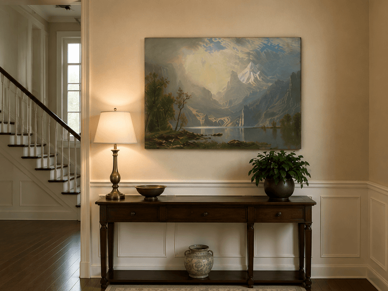 Unframed hand-painted mountain lake oil painting with misty peaks in soft light displayed above an entryway console table.