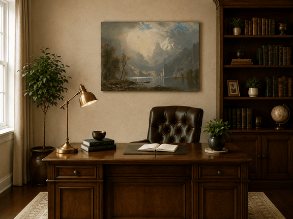 Unframed hand-painted mountain lake oil painting with misty peaks in soft light displayed above a traditional home office desk.