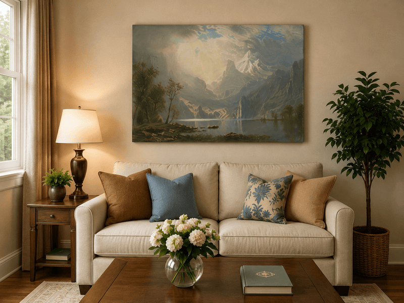 Unframed hand-painted mountain lake oil painting with misty peaks in soft light displayed above a neutral living room sofa.