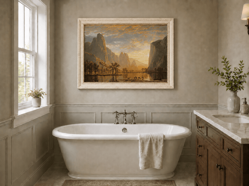 Framed hand-painted mountain lake oil painting with deer beneath a golden sunset displayed above a freestanding bathtub.