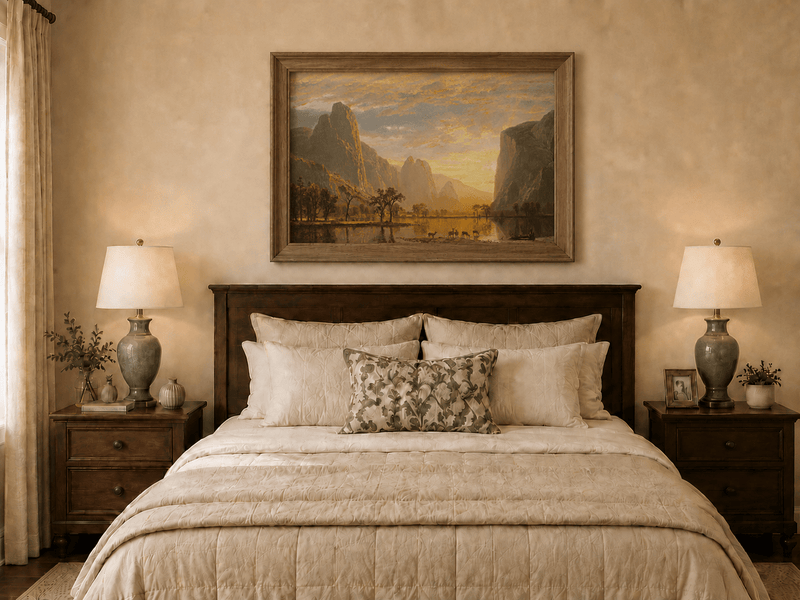 Framed hand-painted mountain lake oil painting with deer beneath a golden sunset displayed above a wooden bed in a neutral bedroom.