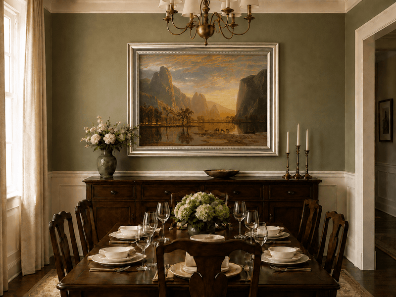 Framed hand-painted mountain lake oil painting with deer beneath a golden sunset displayed above a formal dining table.