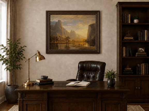 Framed hand-painted mountain lake oil painting with deer beneath a golden sunset displayed above a traditional home office desk.