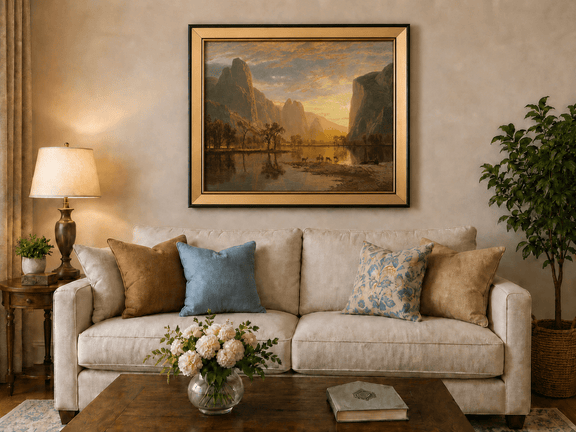 Framed hand-painted mountain lake oil painting with deer beneath a golden sunset displayed above a neutral living room sofa.