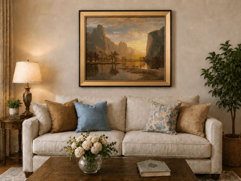 Framed hand-painted mountain lake oil painting with deer beneath a golden sunset displayed above a neutral living room sofa.