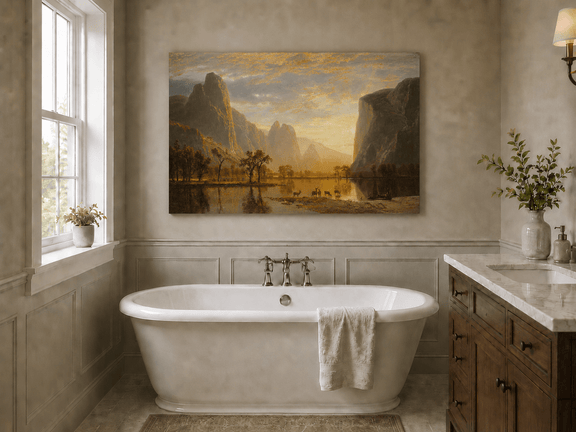 Unframed hand-painted mountain lake oil painting with deer beneath a golden sunset displayed above a freestanding bathtub.