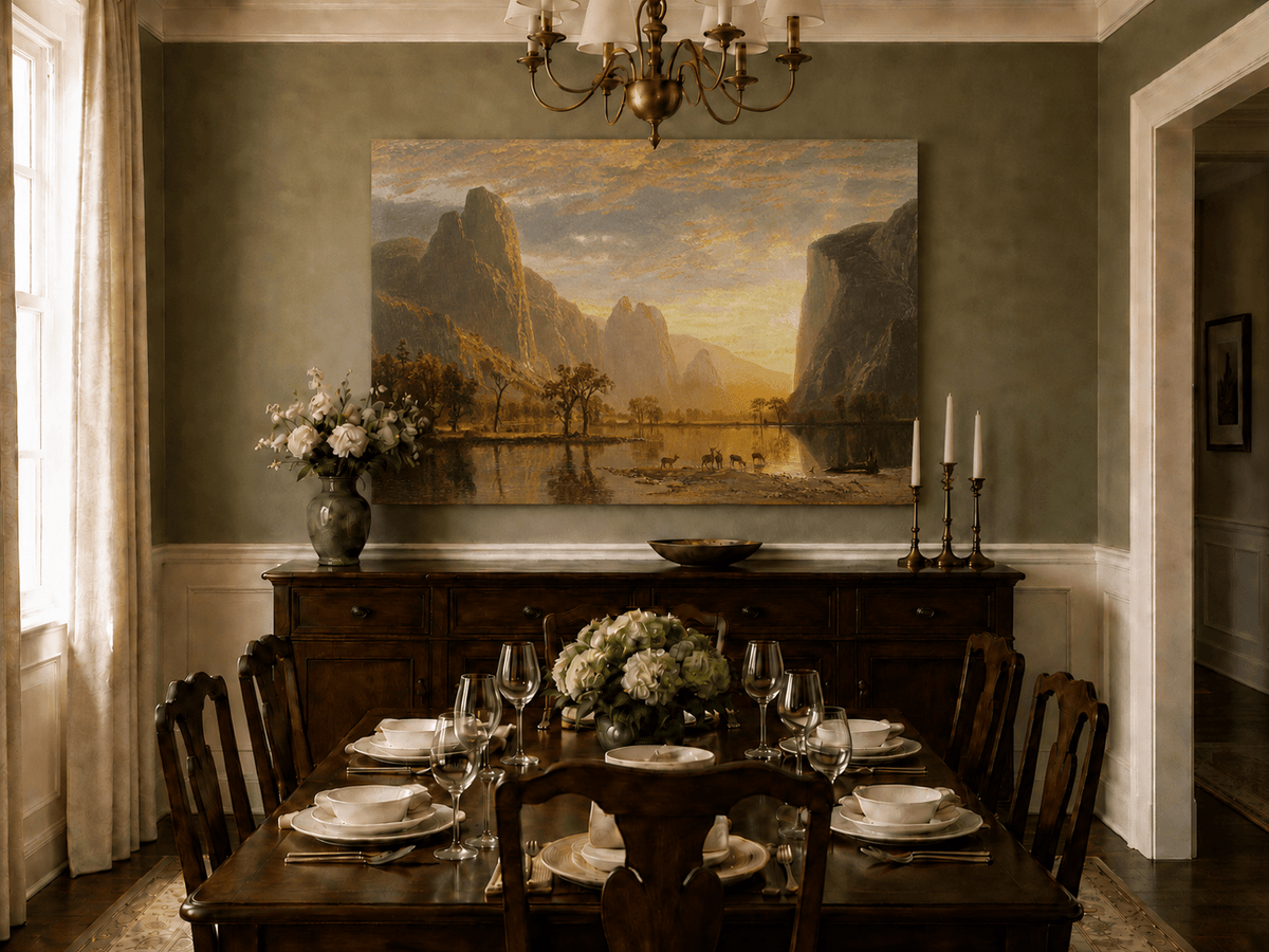 Unframed hand-painted mountain lake oil painting with deer beneath a golden sunset displayed above a formal dining table.
