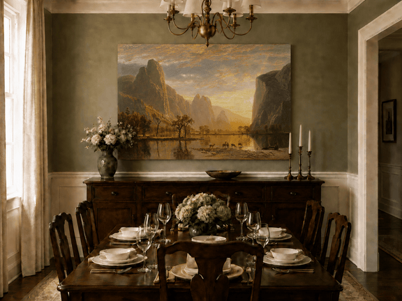 Unframed hand-painted mountain lake oil painting with deer beneath a golden sunset displayed above a formal dining table.