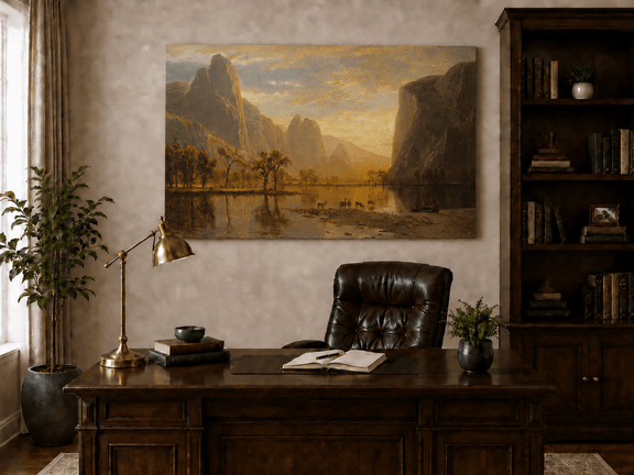 Unframed hand-painted mountain lake oil painting with deer beneath a golden sunset displayed above a traditional home office desk.