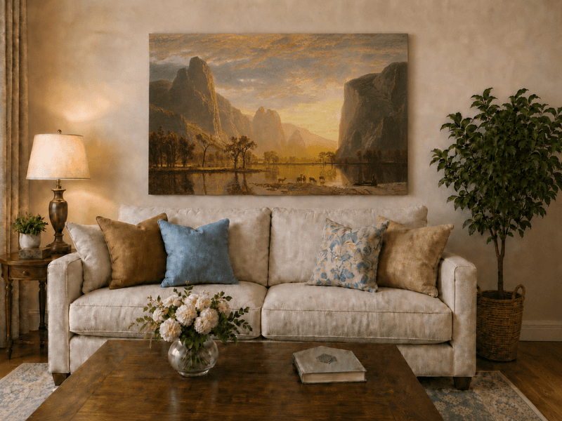 Unframed hand-painted mountain lake oil painting with deer beneath a golden sunset displayed above a neutral living room sofa.