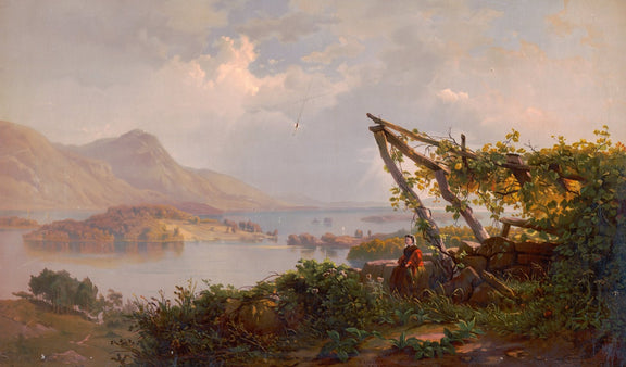 Mountain Lake View with Woman by the Vineyard - Landscape Oil Painting - Oil Painting Haven