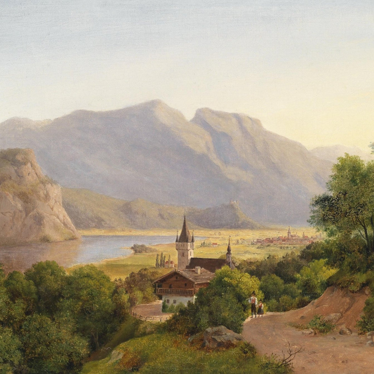 Mountain Lake Village View | Hand - Painted Landscape Oil Painting - Oil Painting Haven