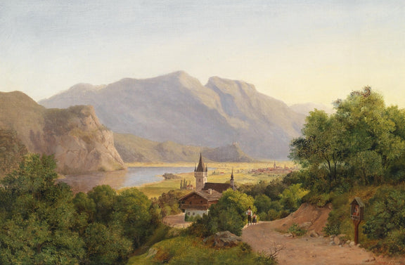 Mountain Lake Village View | Hand - Painted Landscape Oil Painting - Oil Painting Haven