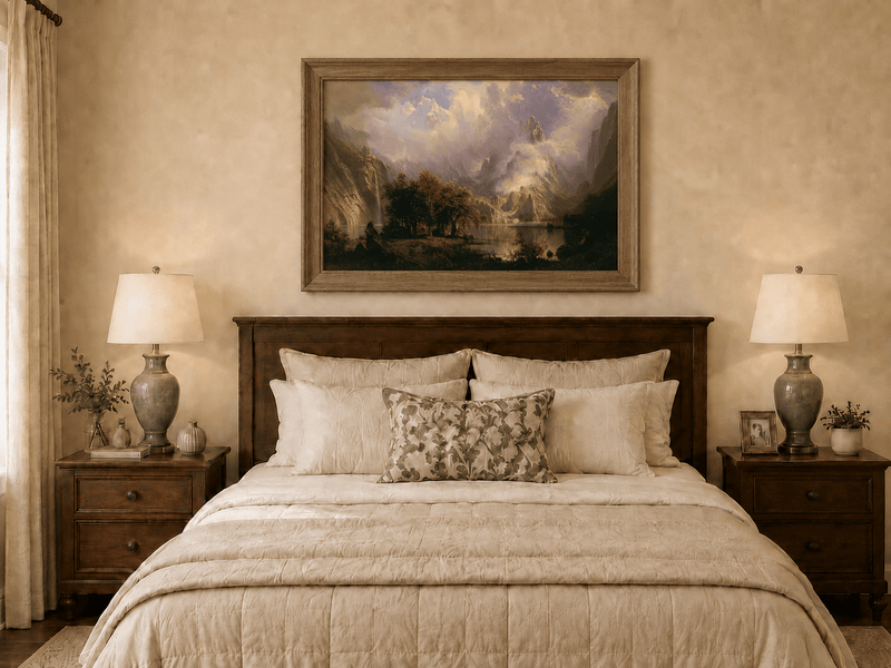 Framed hand-painted mountain lake oil painting with a waterfall and deer displayed above a wooden bed in a neutral bedroom.