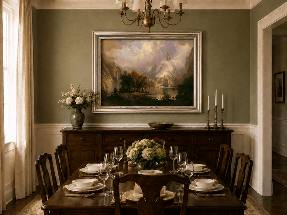 Framed hand-painted mountain lake oil painting with a waterfall and deer displayed above a formal dining table.