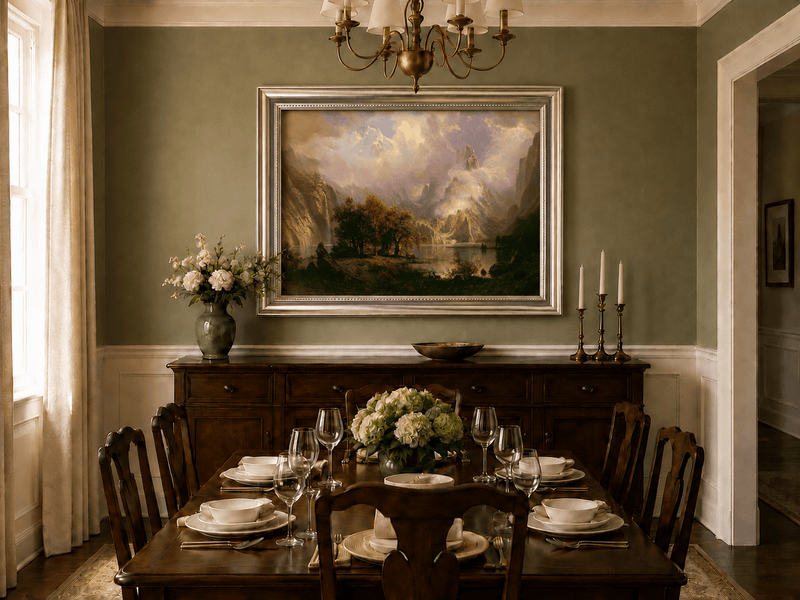 Framed hand-painted mountain lake oil painting with a waterfall and deer displayed above a formal dining table.