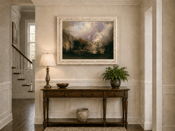 Framed hand-painted mountain lake oil painting with a waterfall and deer displayed above an entryway console table.