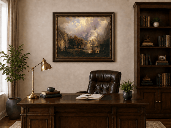 Framed hand-painted mountain lake oil painting with a waterfall and deer displayed above a traditional home office desk.