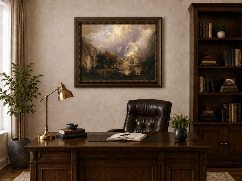 Framed hand-painted mountain lake oil painting with a waterfall and deer displayed above a traditional home office desk.