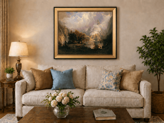 Framed hand-painted mountain lake oil painting with a waterfall and deer displayed above a neutral living room sofa.