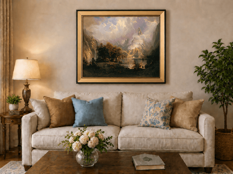 Framed hand-painted mountain lake oil painting with a waterfall and deer displayed above a neutral living room sofa.