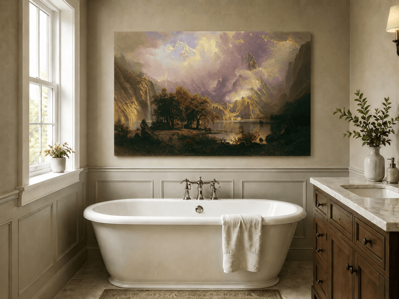 Unframed hand-painted mountain lake oil painting with a waterfall and deer displayed above a freestanding bathtub.
