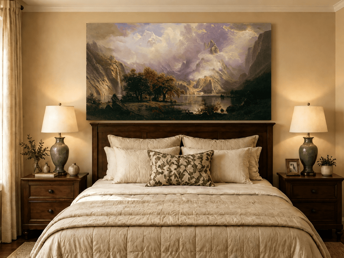 Unframed hand-painted mountain lake oil painting with a waterfall and deer displayed above a wooden bed in a neutral bedroom.