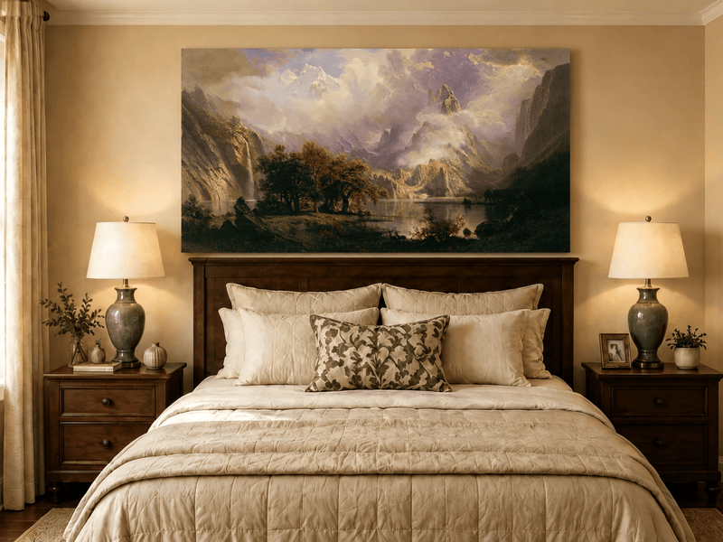 Unframed hand-painted mountain lake oil painting with a waterfall and deer displayed above a wooden bed in a neutral bedroom.