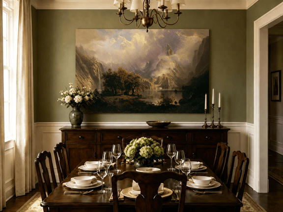 Unframed hand-painted mountain lake oil painting with a waterfall and deer displayed above a formal dining table.