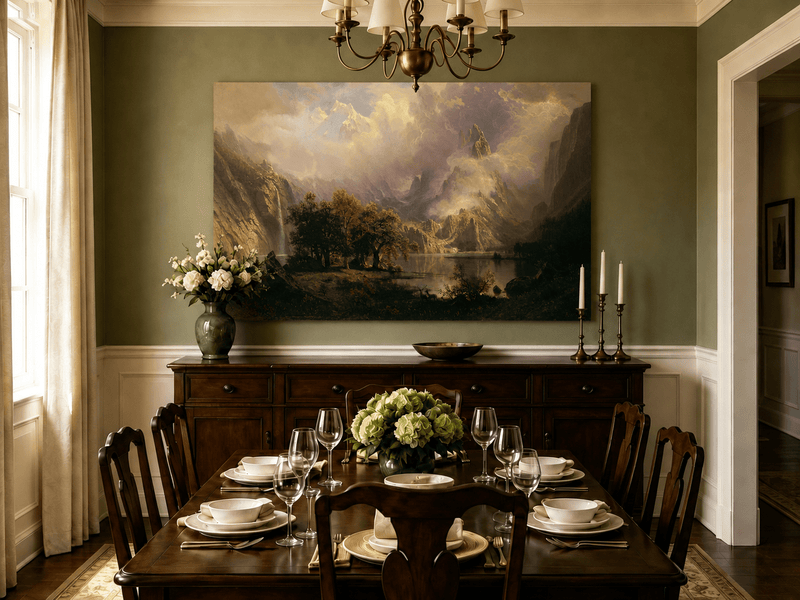 Unframed hand-painted mountain lake oil painting with a waterfall and deer displayed above a formal dining table.