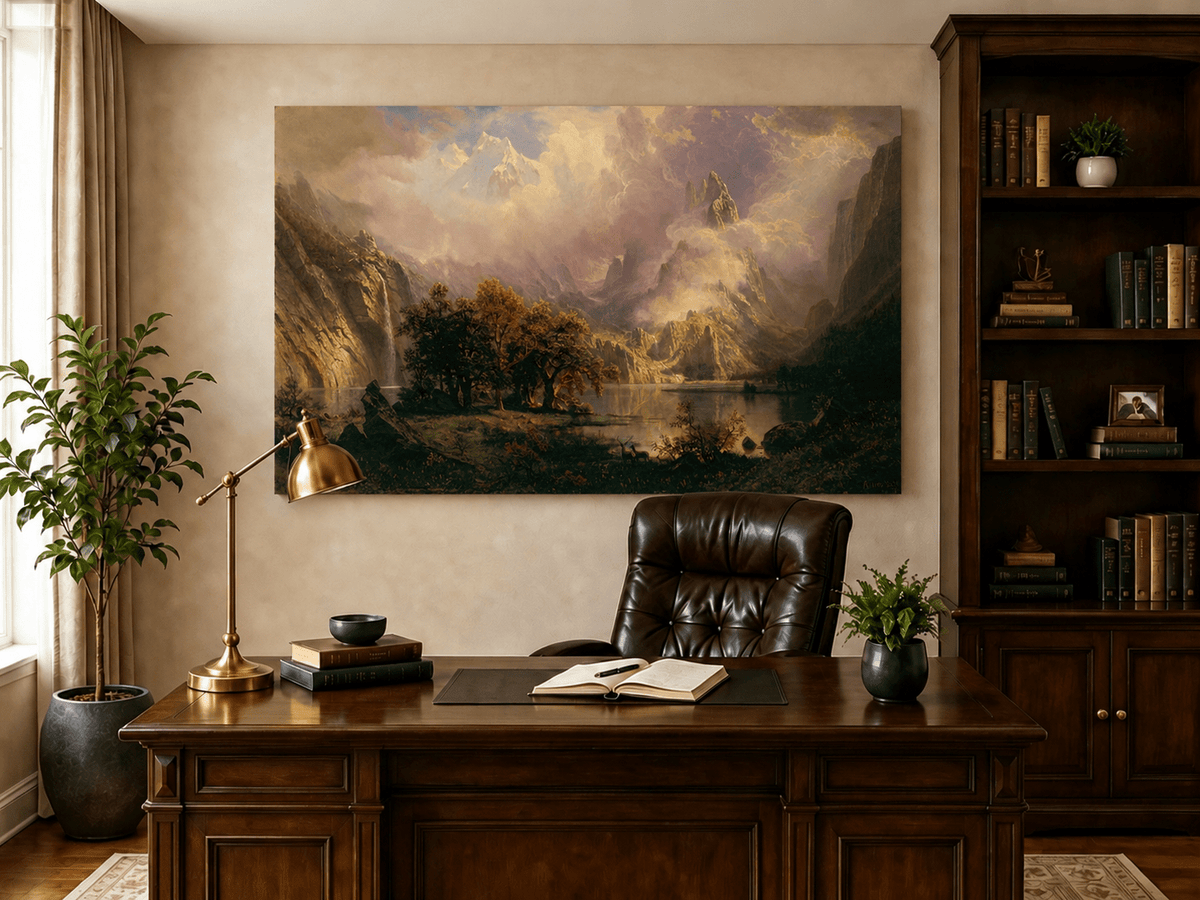Unframed hand-painted mountain lake oil painting with a waterfall and deer displayed above a traditional home office desk.