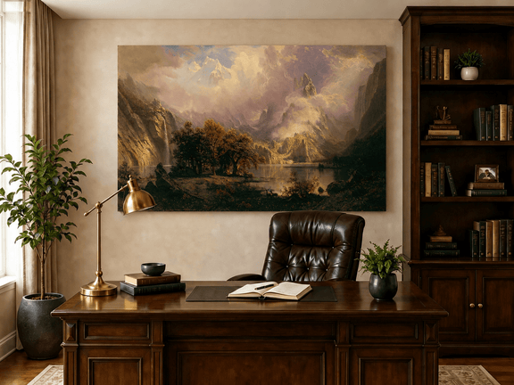 Unframed hand-painted mountain lake oil painting with a waterfall and deer displayed above a traditional home office desk.